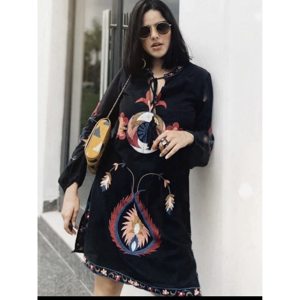 ZARA WOMAN'S SIZE LARGE EMBROIDERED TUNIC DRESS BOHO
